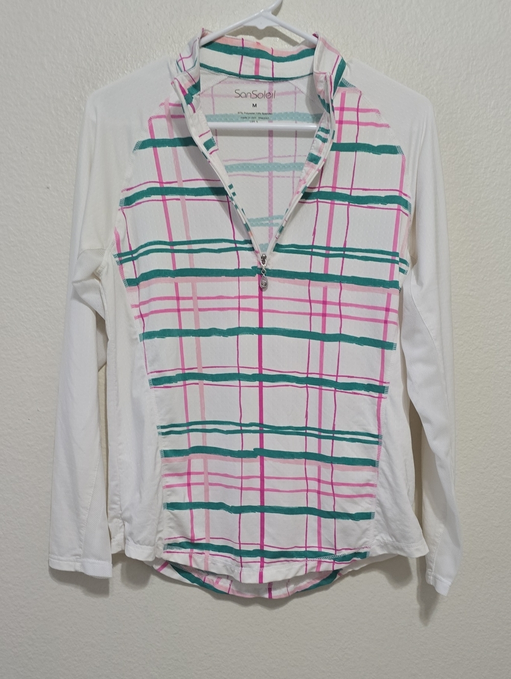 SanSoleil White Long-Sleeve Quarter-Zip with Pink &‎ Teal Plaid